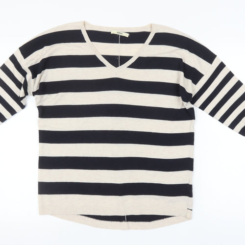 Oasis Women's Beige Black Striped Cardigan L V-Neck