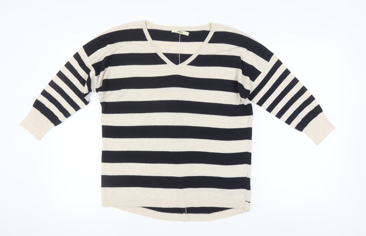 Oasis Women's Beige Black Striped Cardigan L V-Neck