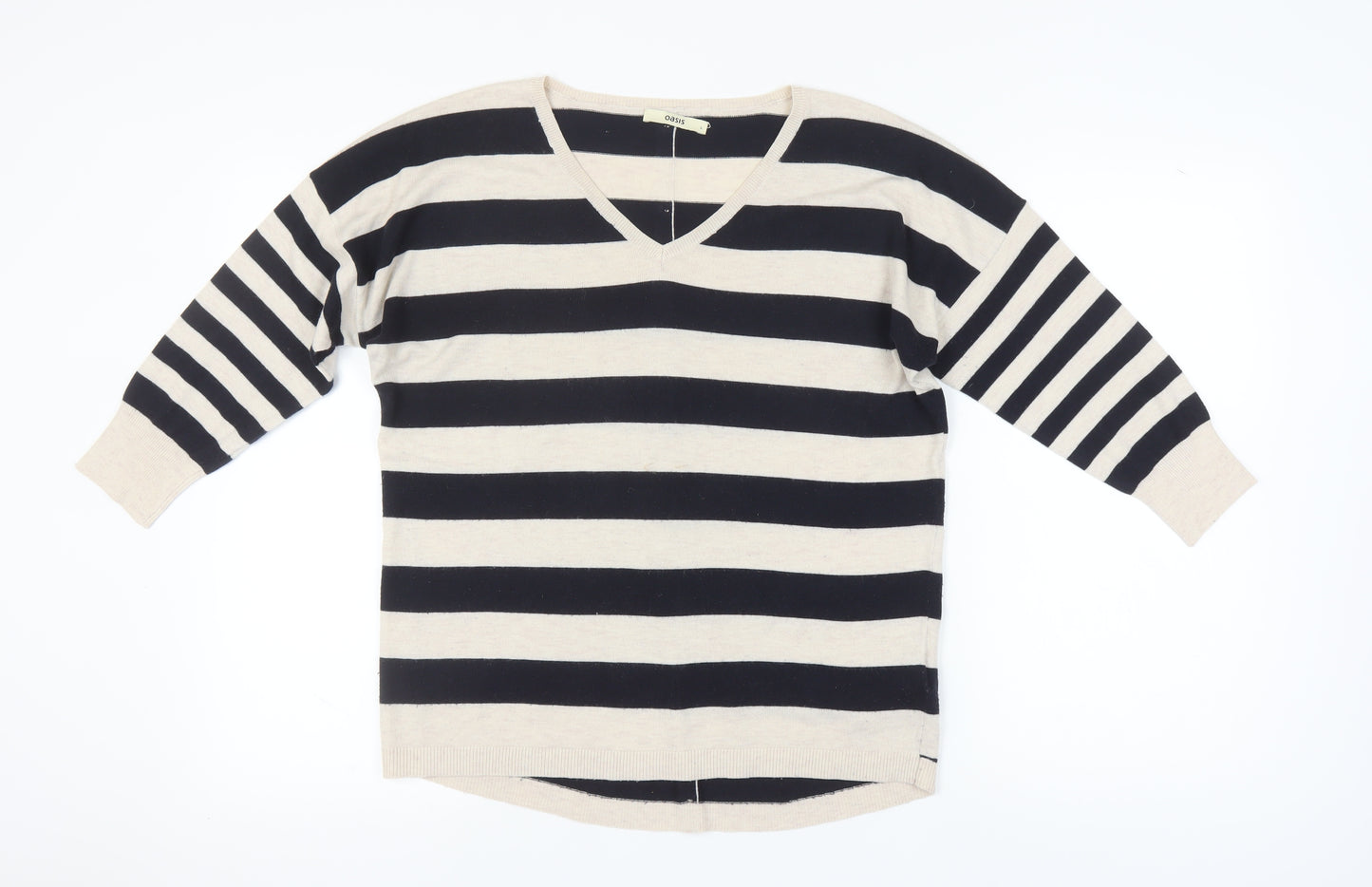 Oasis Women's Beige Black Striped Cardigan L V-Neck