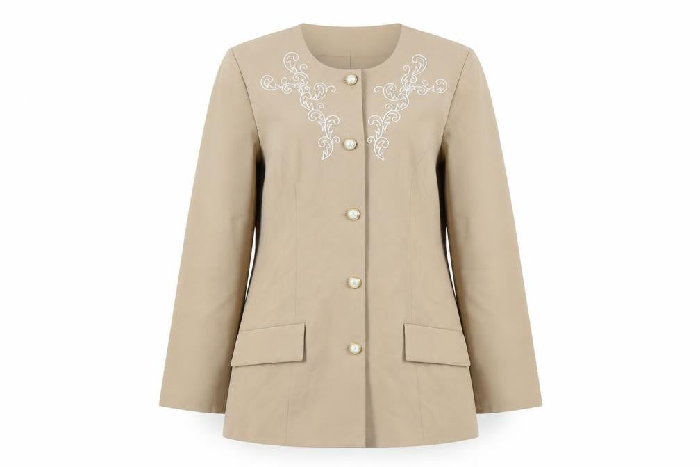 Front view of Heather Valley Women's Beige Suit Jacket, size 14