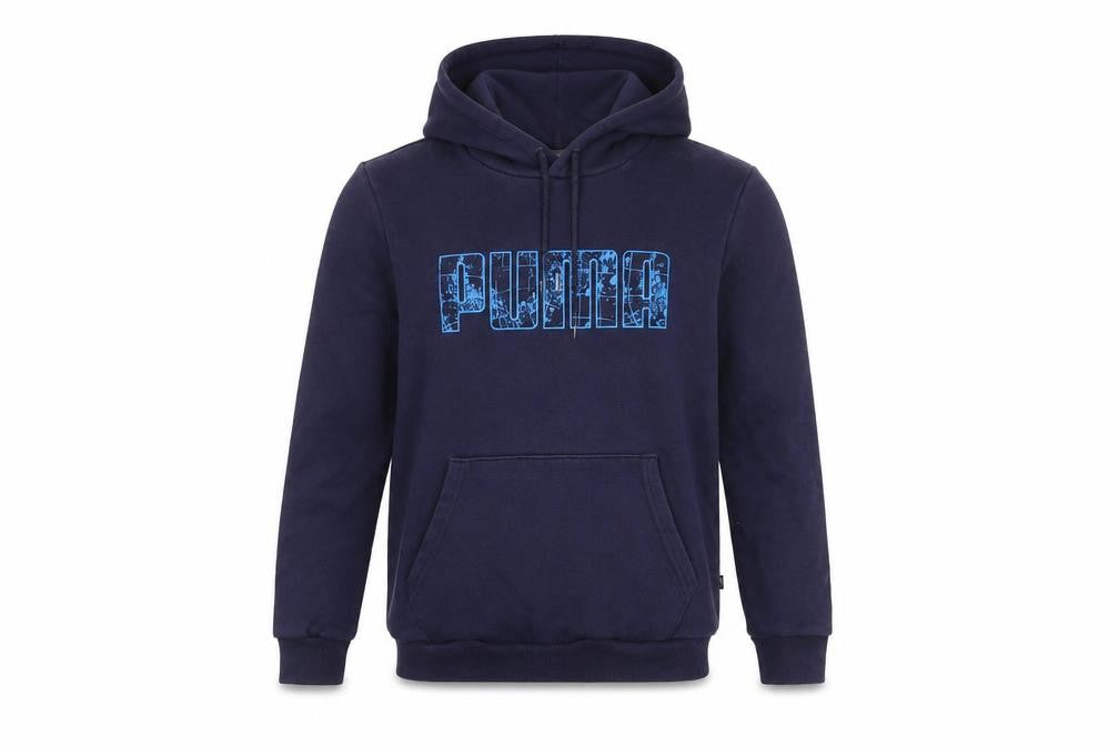 Front view of Puma boys’ blue pullover hoodie in, size S, with logo