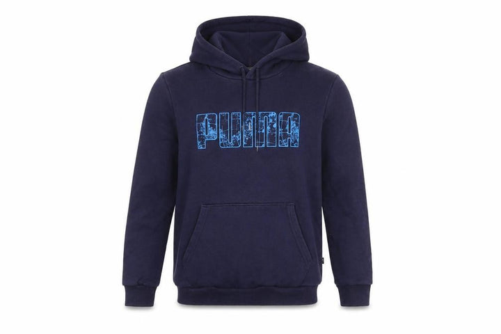 Front view of Puma boys’ blue pullover hoodie in, size S, with logo