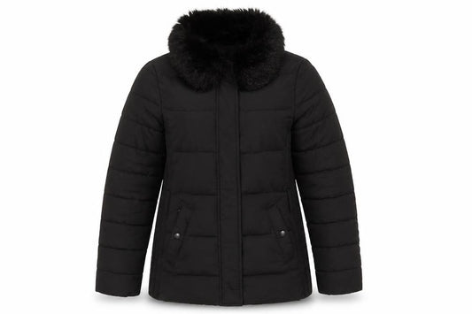 Front view of Warehouse Women's Black Puffer Jacket, size 10