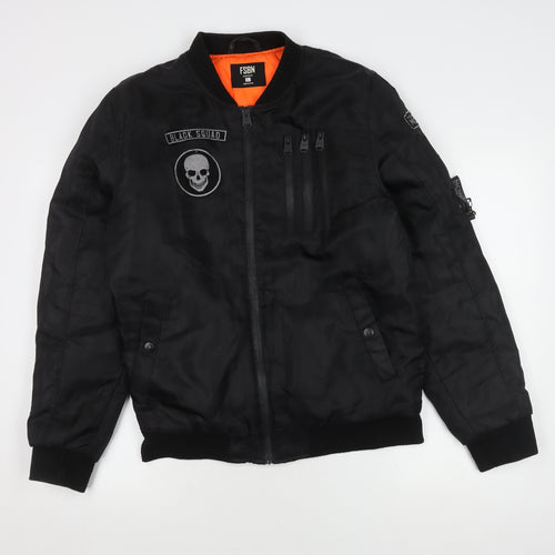 FSBN Men's Black Bomber Jacket L Skull Embroidered