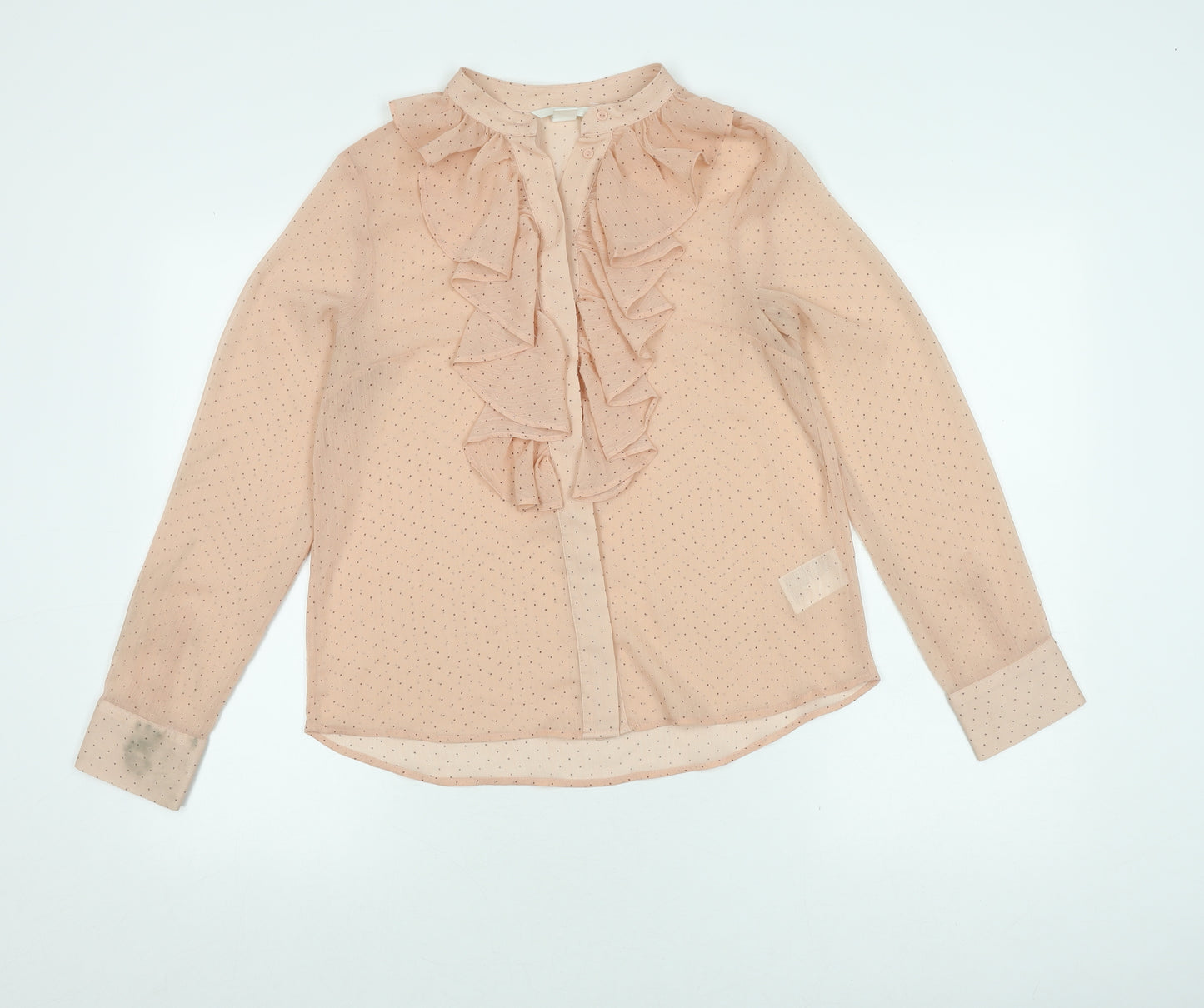 H&M Women's Beige Polka Dot Ruffle Blouse, Size 6