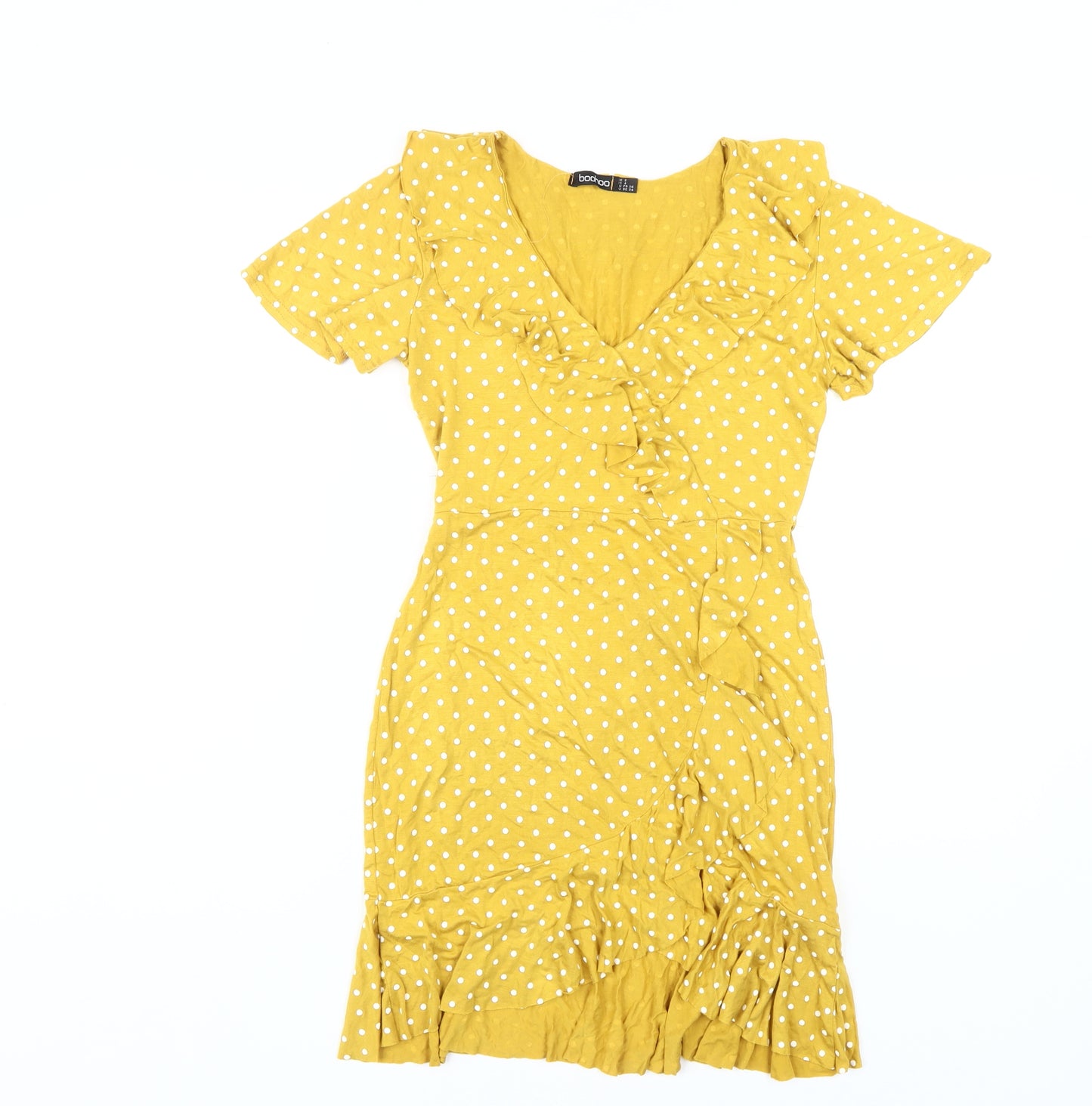Boohoo Yellow Polka Dot Wrap Dress, Size 8, Casual Chic