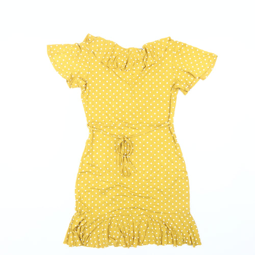 Boohoo Yellow Polka Dot Wrap Dress, Size 8, Casual Chic