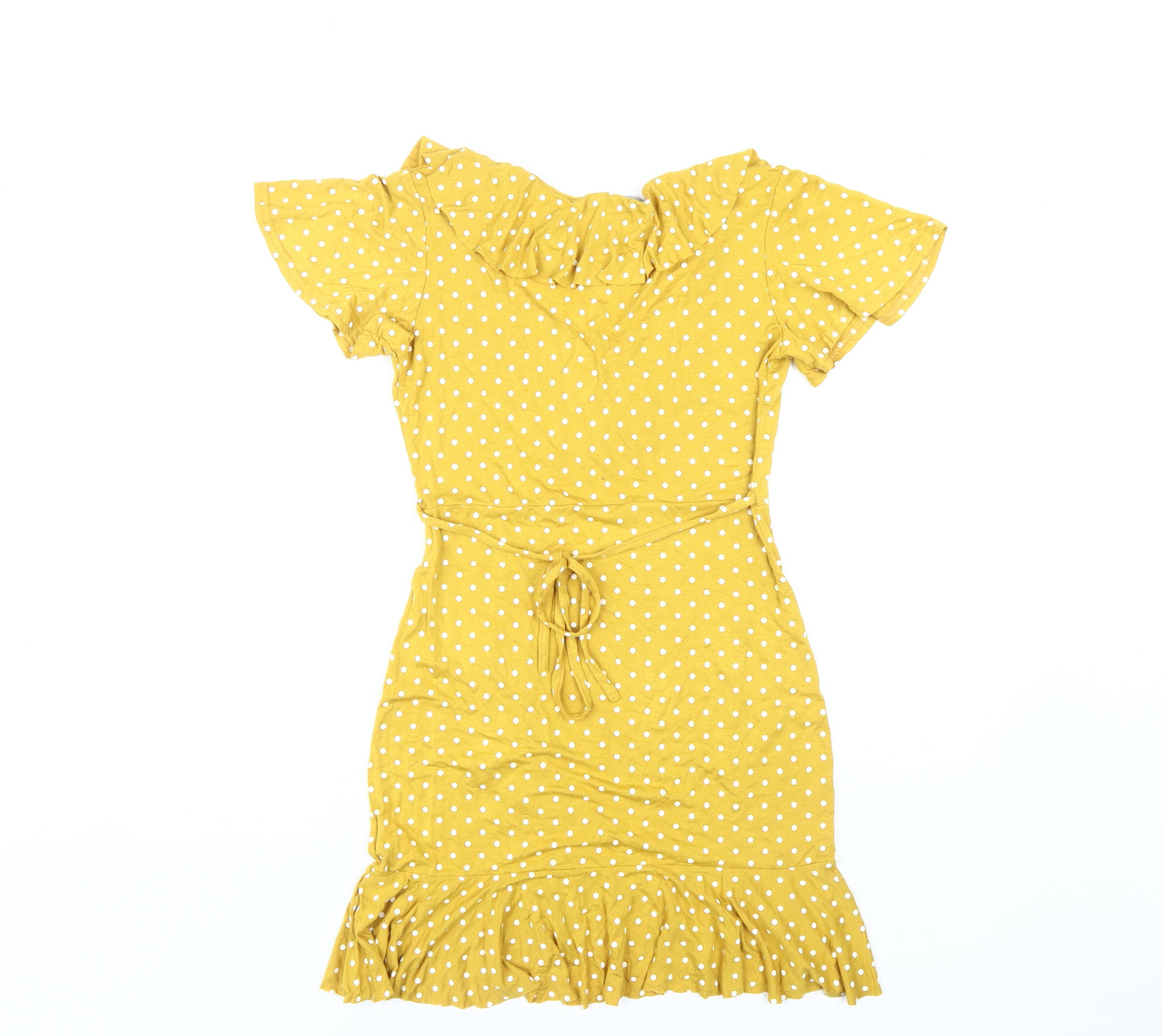 Boohoo Yellow Polka Dot Wrap Dress, Size 8, Casual Chic