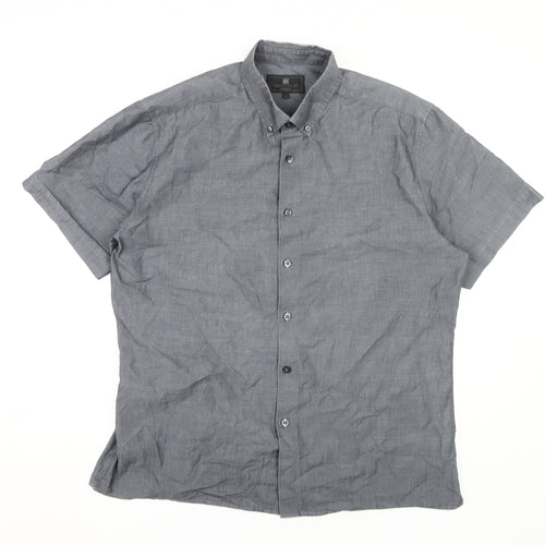 Marks and Spencer Men's Grey Cotton Button-Up Shirt L