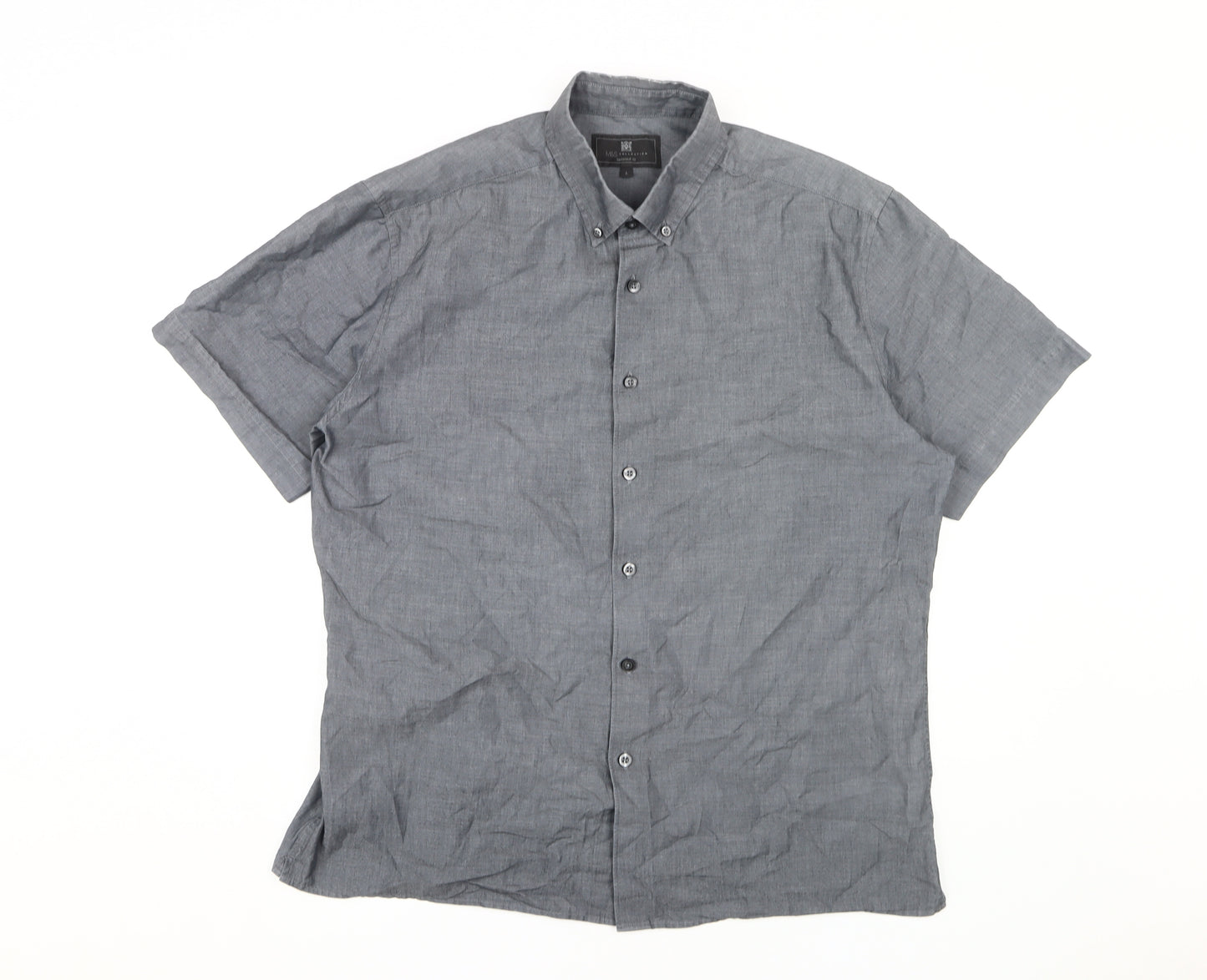 Marks and Spencer Men's Grey Cotton Button-Up Shirt L