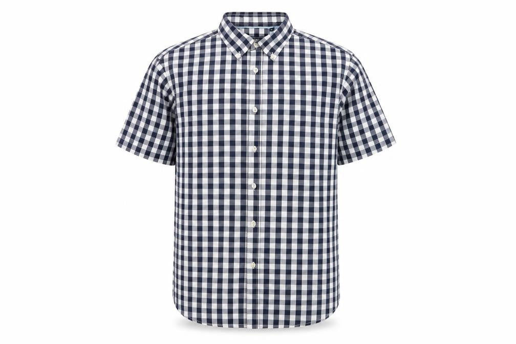 Front view of Maine New England Men's Blue Check Button-Up Shirt M