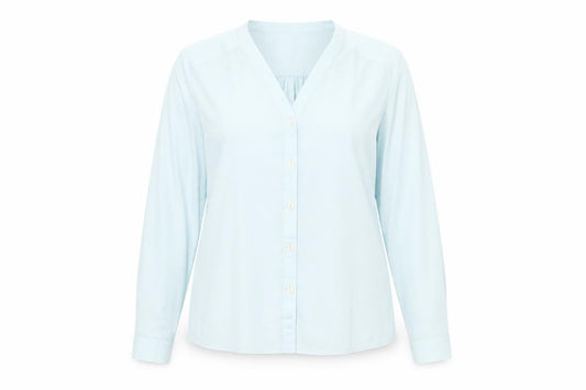Front view of Eastex Women's Blue Long Sleeve Collared Blouse, size 16