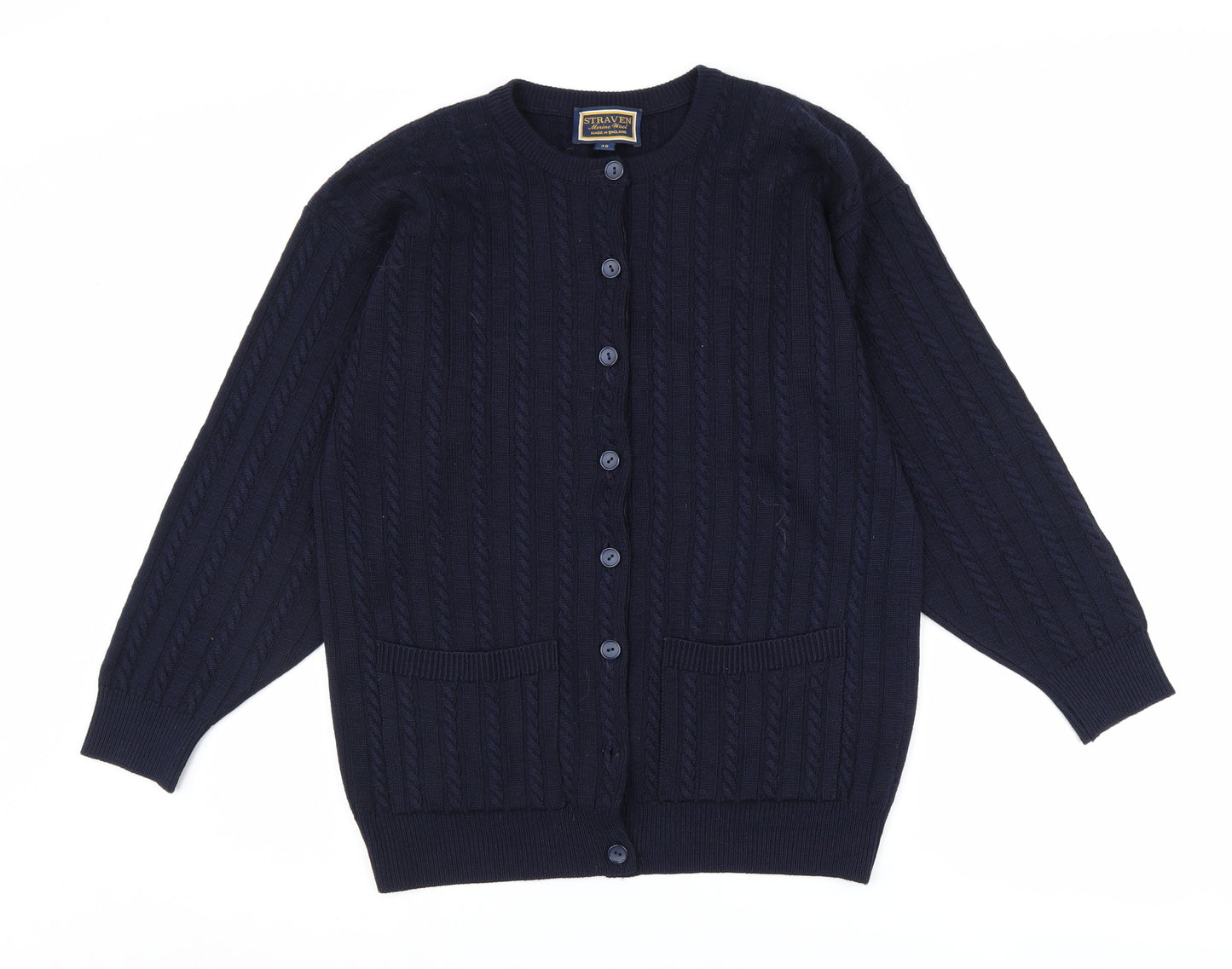 Straven Women's Blue Cardigan, Size 10, Cable-Knit, Wool, Button