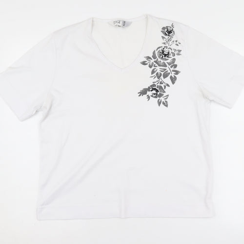 TIGI WEAR Women's White Floral V-Neck T-Shirt L