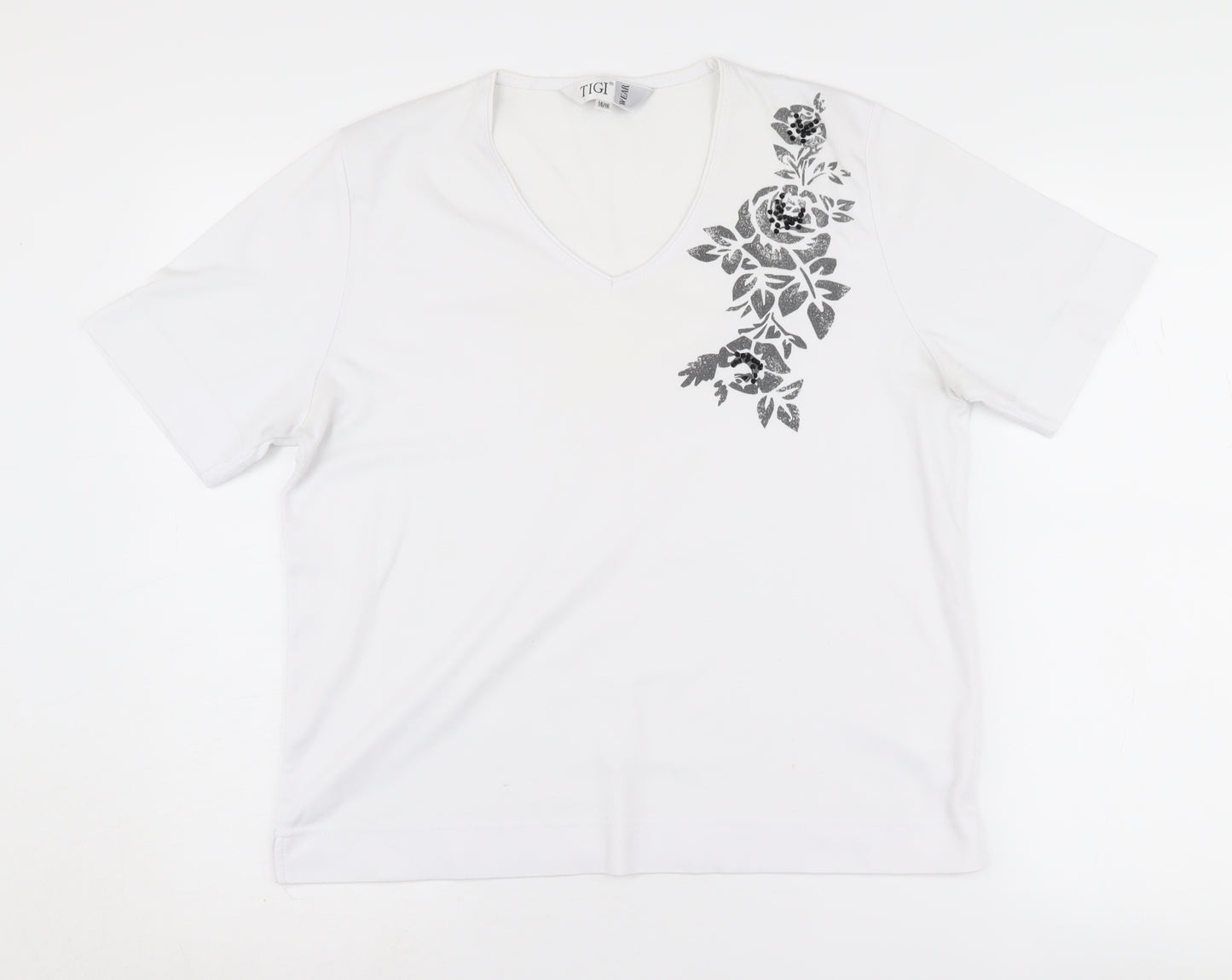 TIGI WEAR Women's White Floral V-Neck T-Shirt L