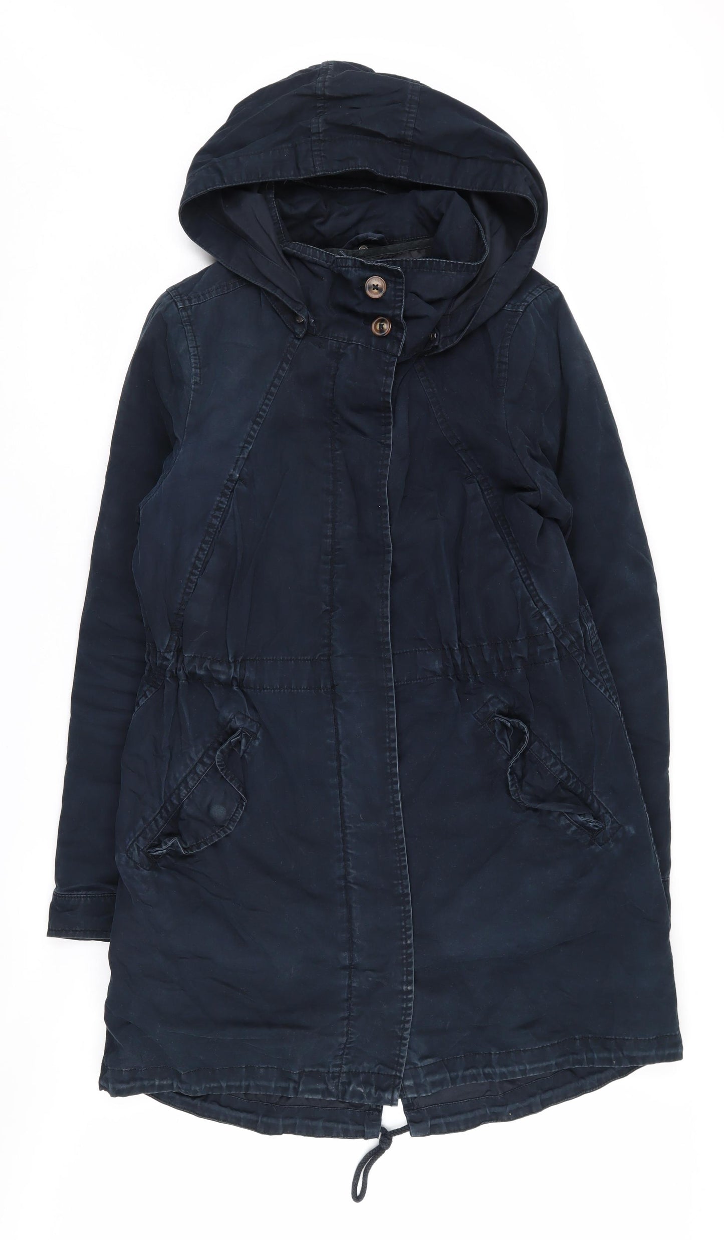 H&M Women's Blue Parka Jacket Size 10 - Hooded & Long