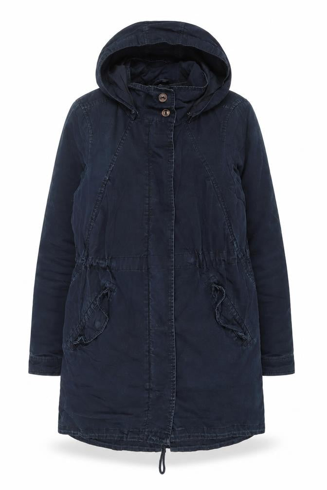Front view of H&M Women's Blue Parka Jacket, size 10, - Hooded & Long