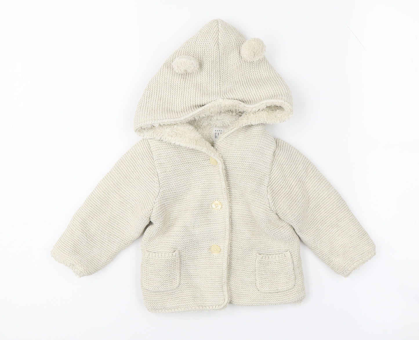 GAP Unisex Baby White Hooded Knit Coat 6-12 Months