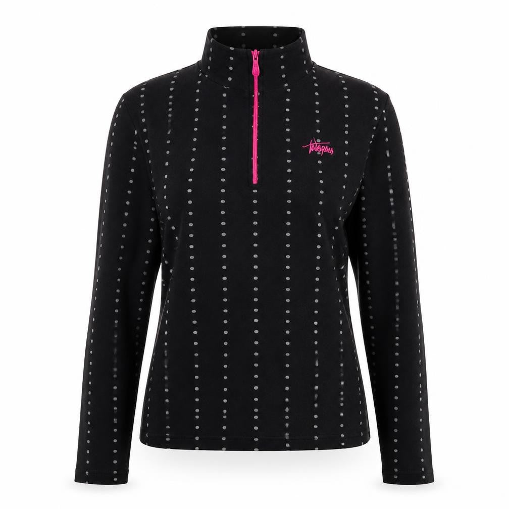 Front view of Trespass Women's Black Henley Sweatshirt, S, Polka Dot