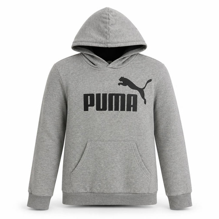 Front view of Puma boys’ grey logo pullover hoodie, size 16