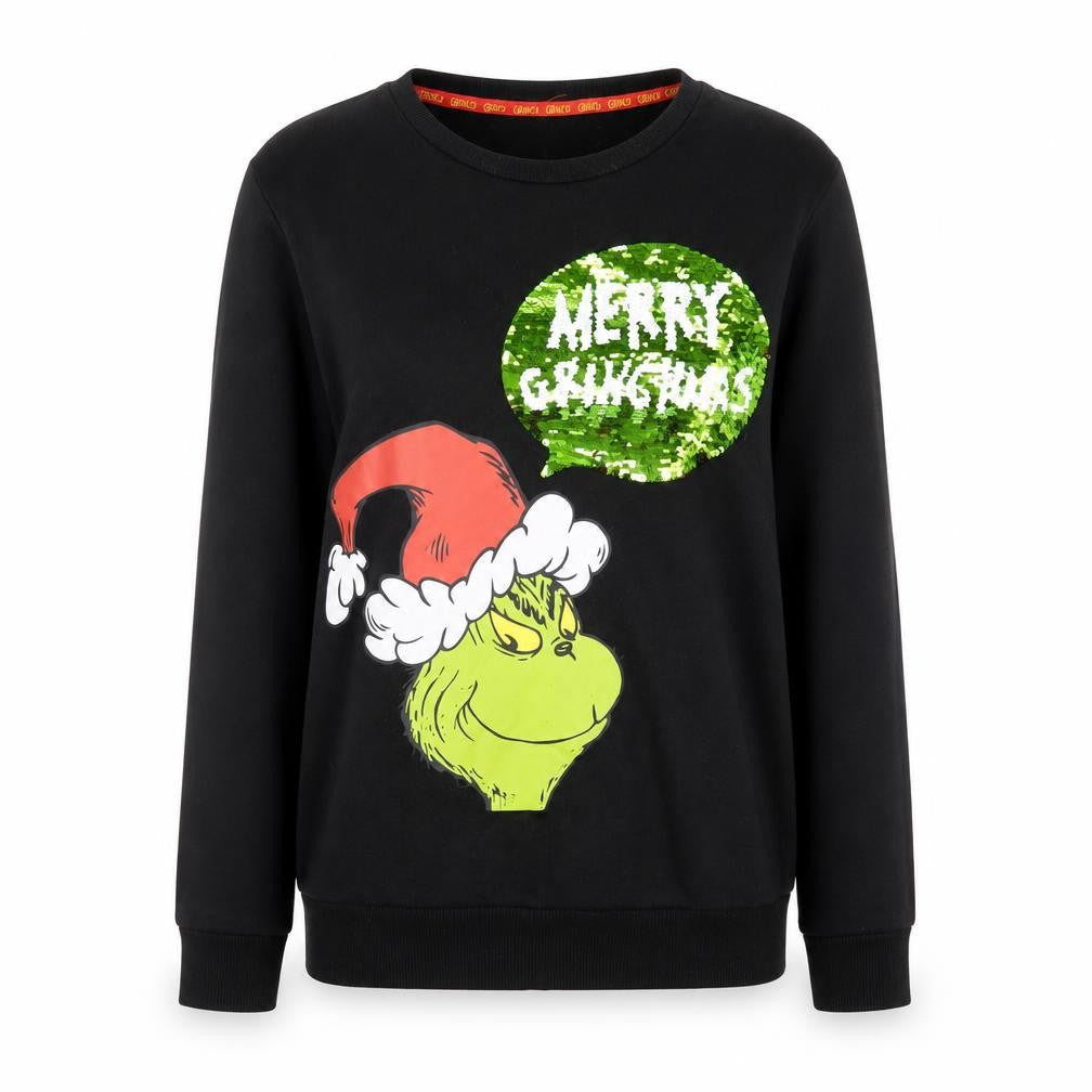 Front view of The Grinch unisex black christmas pullover sweatshirt 2xs