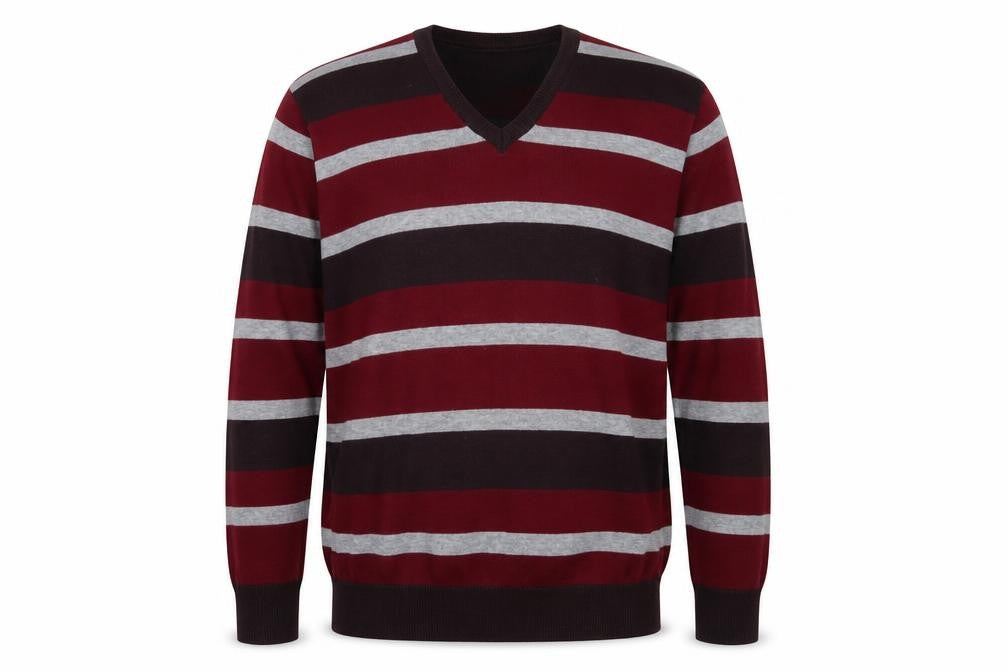 Front view of Sandstone Men's M Red Striped V-Neck Jumper