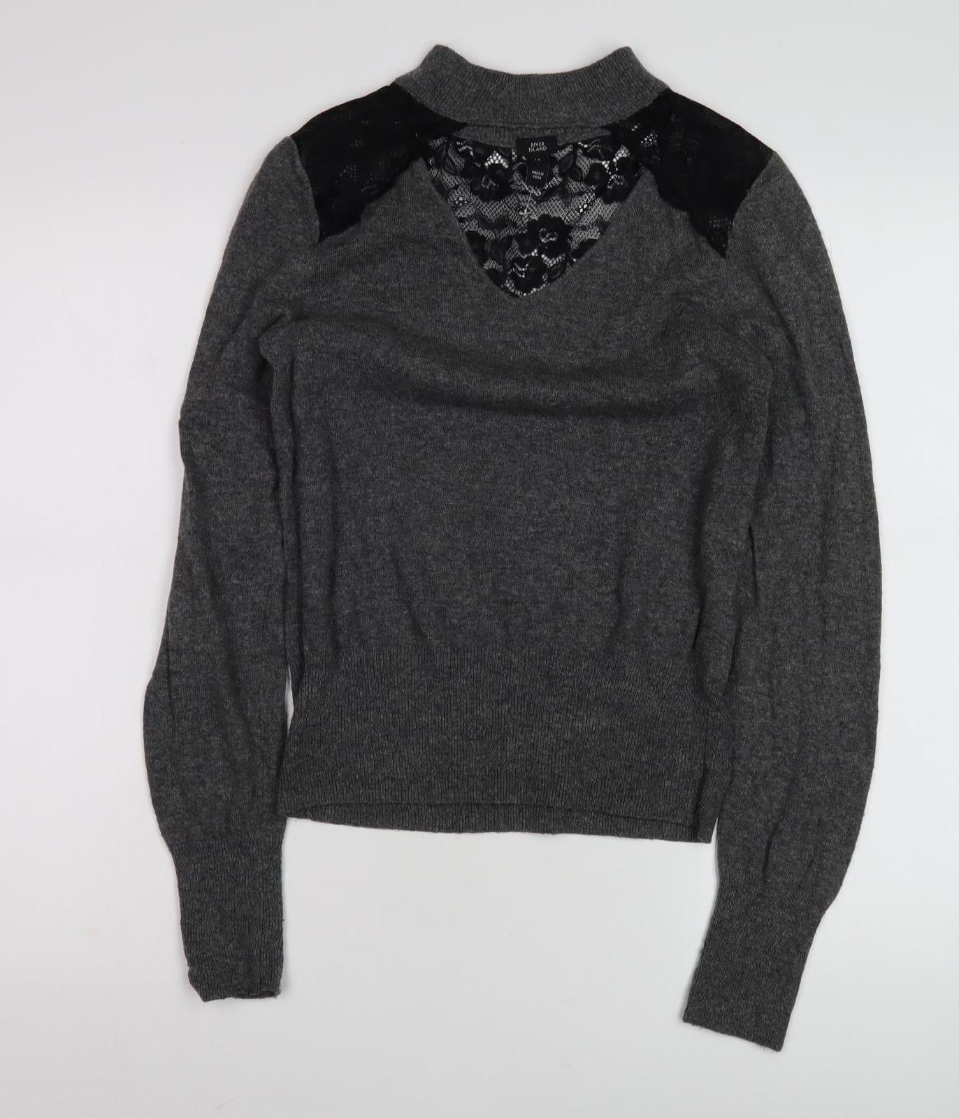 River Island Women's Grey Lace Accent Pullover Jumper