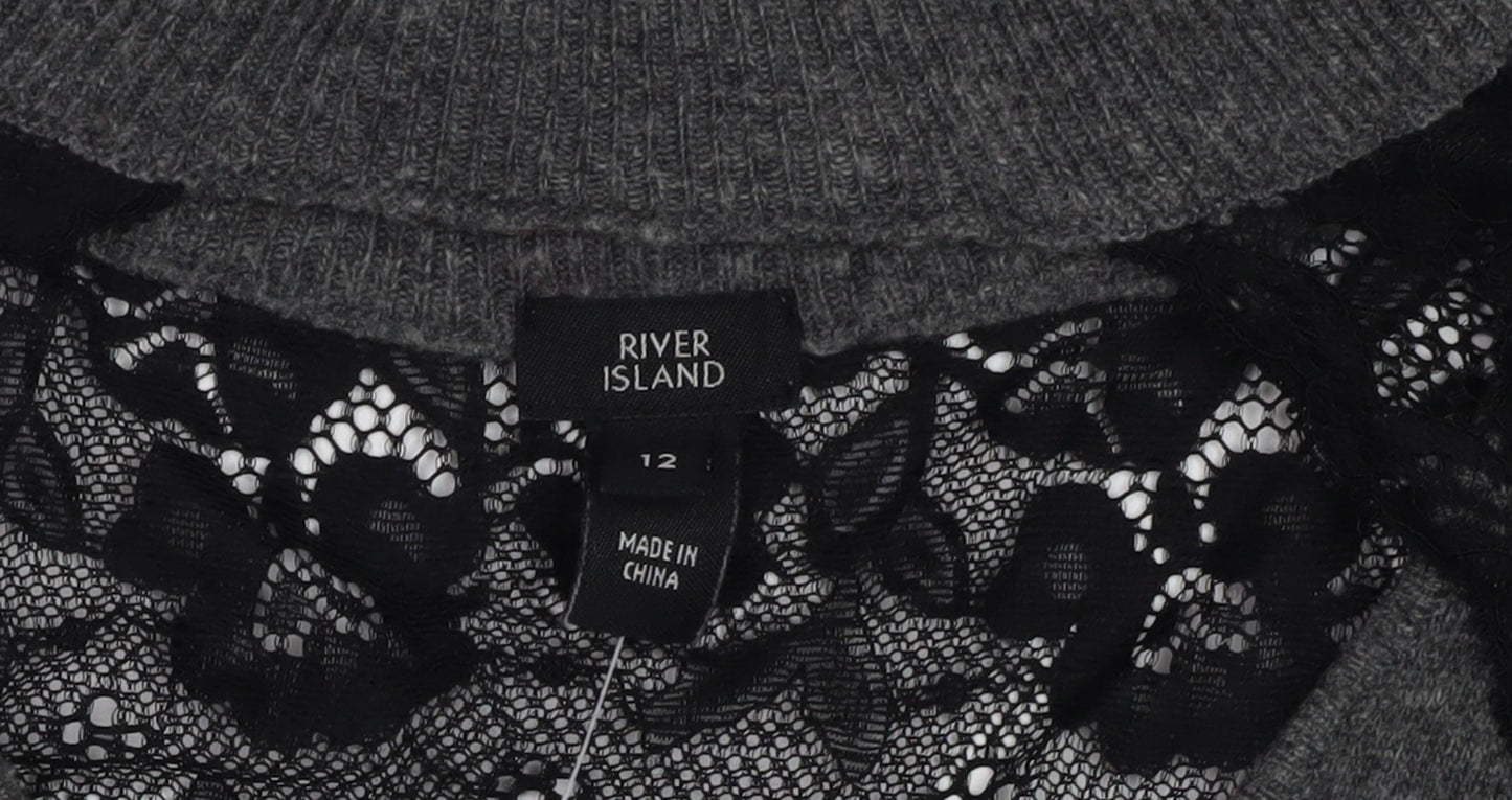 River Island Women's Grey Lace Accent Pullover Jumper