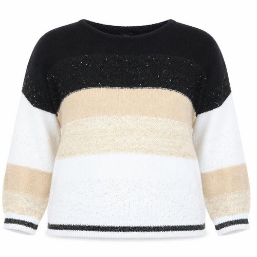 Klass Women’s Black Beige White Striped Sequin Jumper 2XL