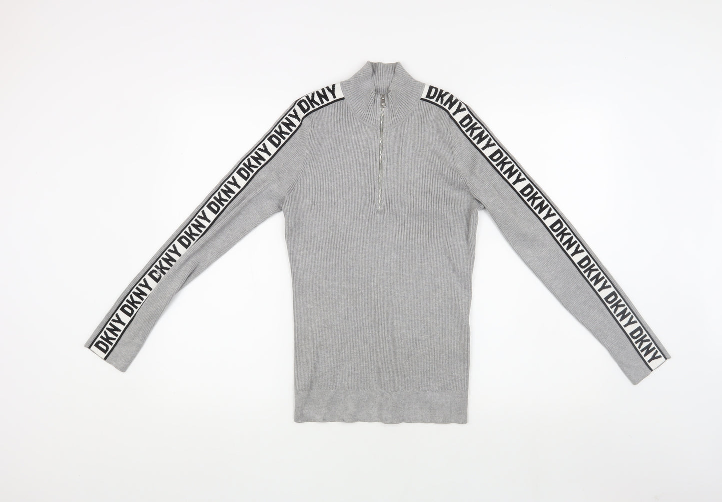 DKNY Women's Grey Full Zip High Neck Jumper