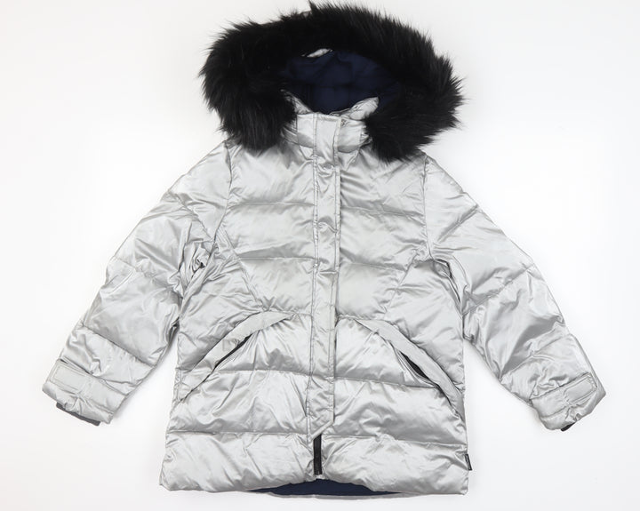 Zara Girls Silver Puffer Jacket 13-14 Years Hooded Quilted