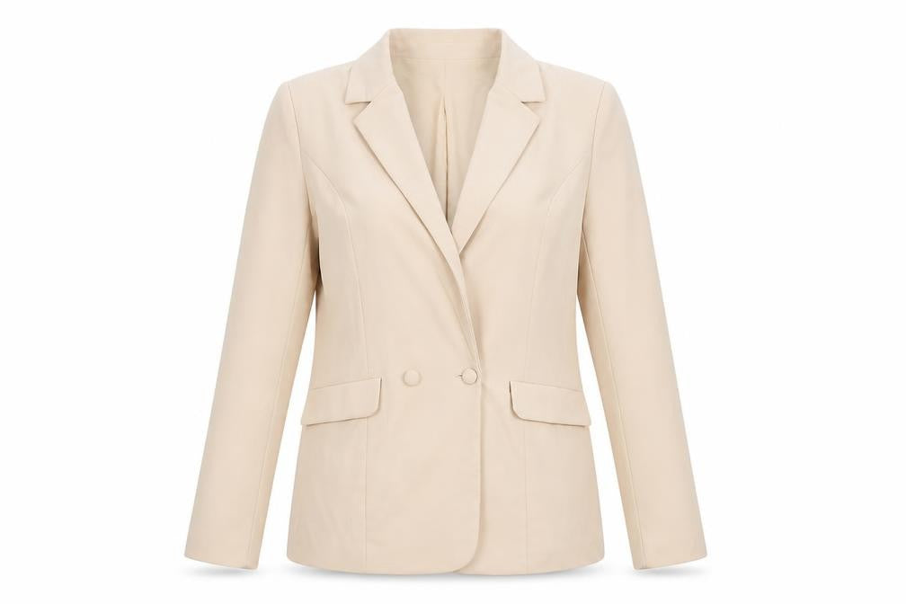 Front view of Oh Polly Women's Beige Blazer 10 Lined Double-Breasted