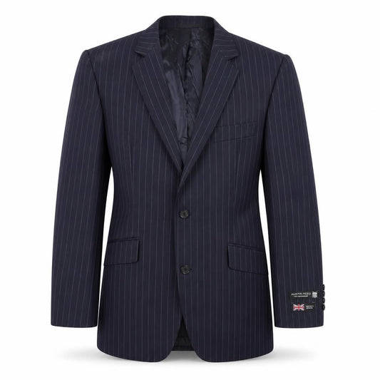 Front view of Austin Reed Men's Blue Striped Blazer, size 40R, Formal