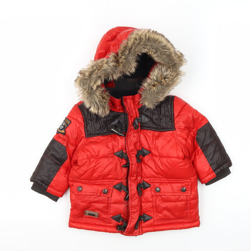 Catimini Boys Red Parka Coat 12 Months Faux Fur Trim