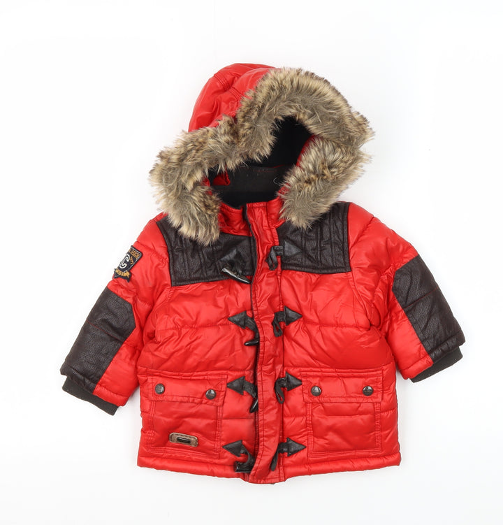 Catimini Boys Red Parka Coat 12 Months Faux Fur Trim