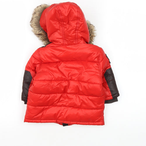 Catimini Boys Red Parka Coat 12 Months Faux Fur Trim