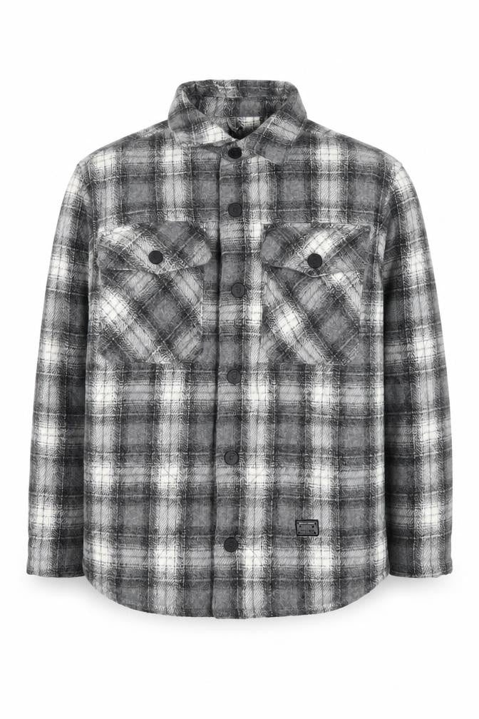 Front view of Zara boys’ grey plaid shirt jacket 8-9 years
