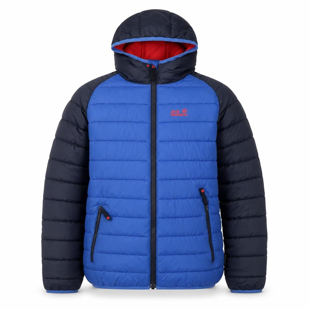 Front view of Jack Wolfskin boys’ blue puffer jacket, eu, size 152, hooded