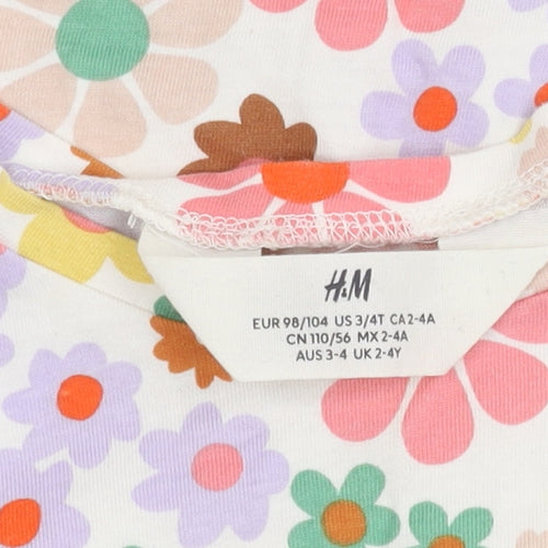 H&M Girls Floral Multicoloured Cotton T-Shirt 2-4 Years