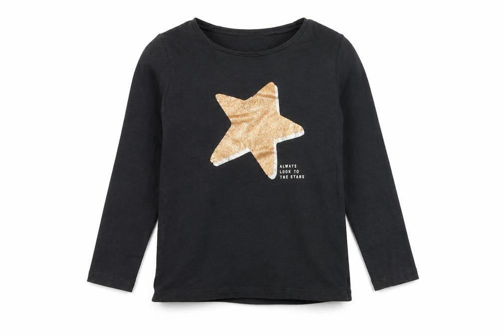 Front view of H&M Teens Black Glitter Star Long Sleeve T-Shirt