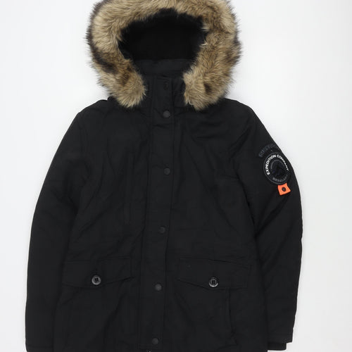 Superdry Women's Black Parka Size 14 Faux Fur Hooded Winter Coat