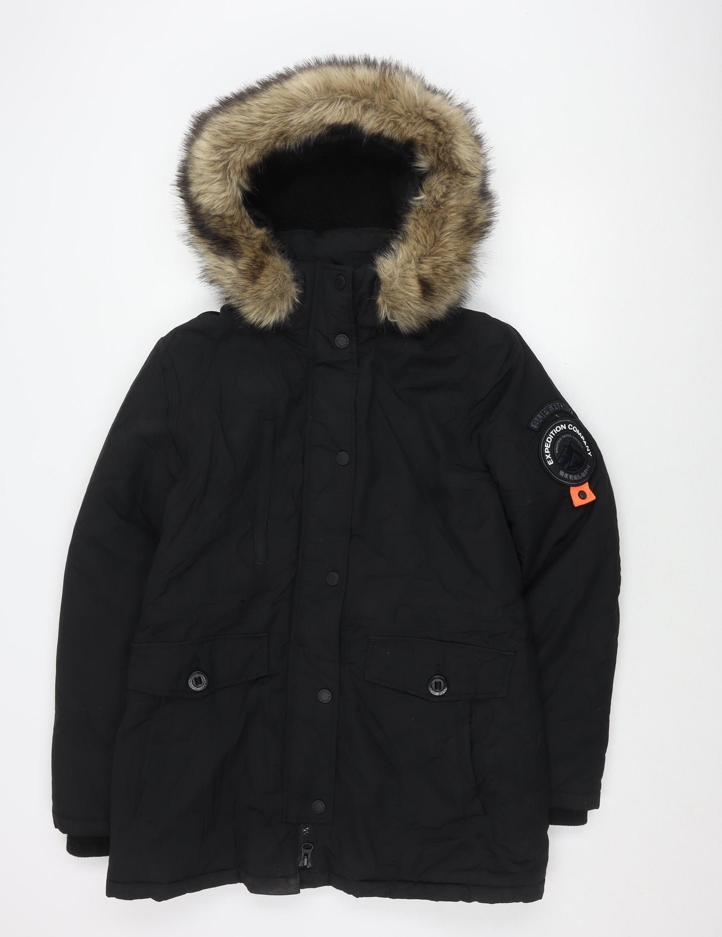 Superdry Women's Black Parka Size 14 Faux Fur Hooded Winter Coat