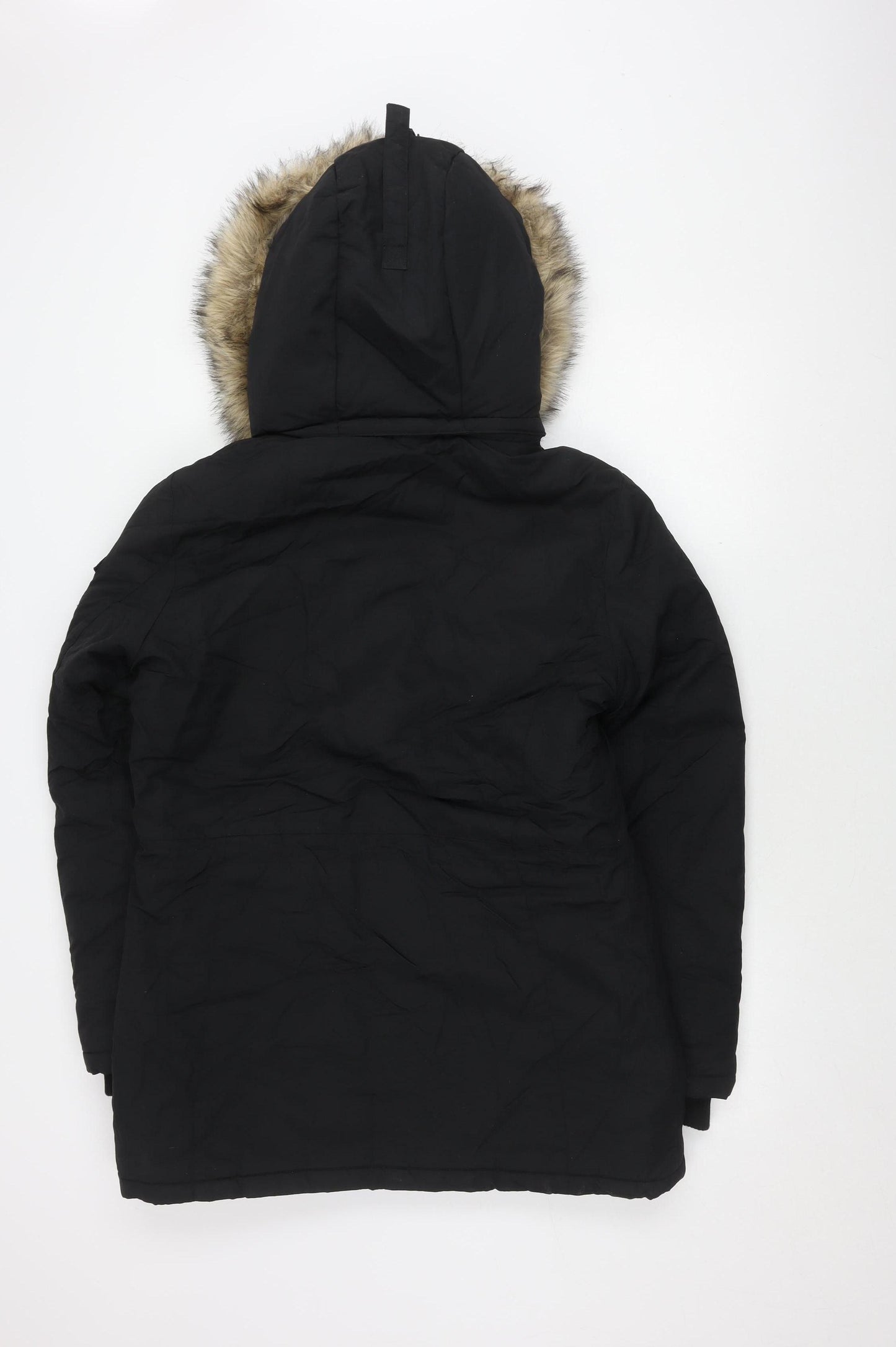 Superdry Women's Black Parka Size 14 Faux Fur Hooded Winter Coat