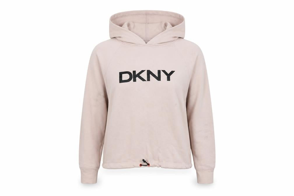 Front view of DKNY Women's Pink Logo Pullover Hoodie, size S