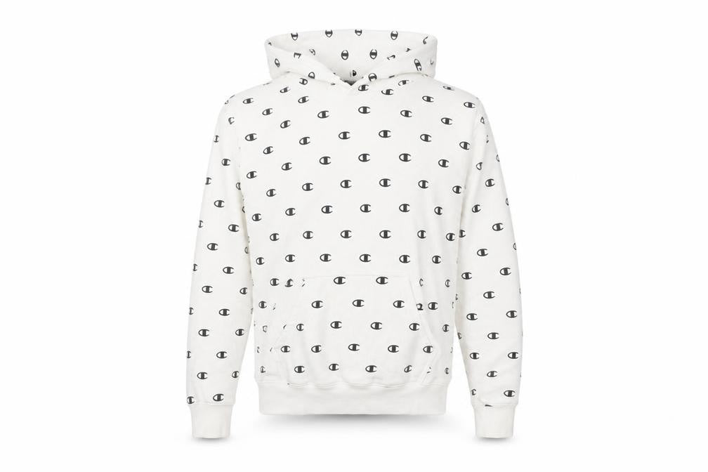 Front view of Champion Men's White Pullover Hoodie S
