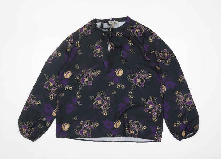 Mantaray Women's Black Floral Tunic Blouse Size 16