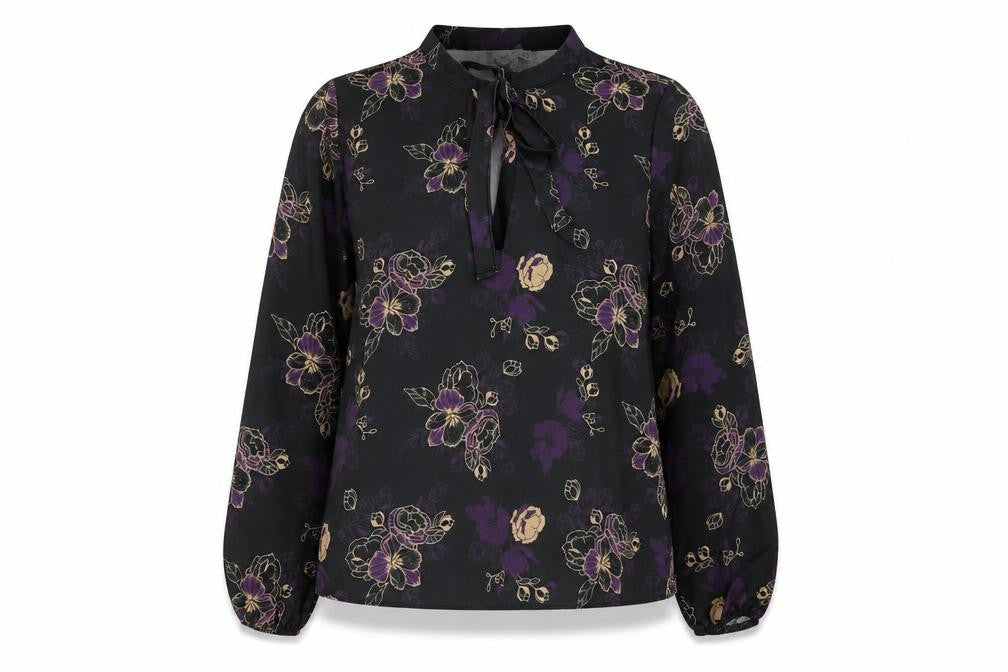 Front view of Mantaray Women's Black Floral Tunic Blouse, size 16