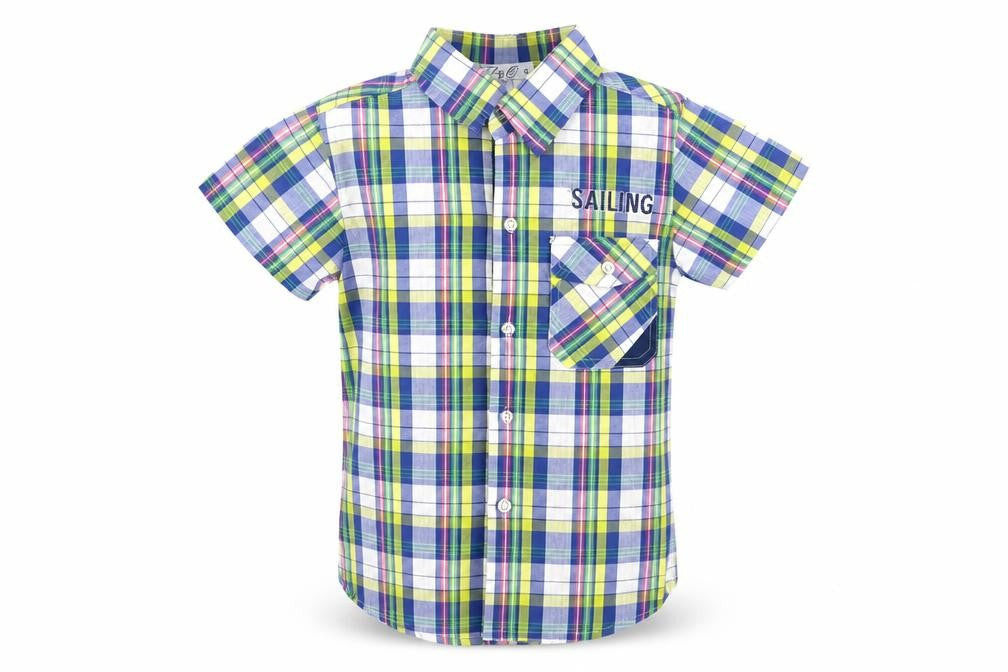 Front view of L&Q boys’ multicoloured button-up shirt, size 8, nautical theme
