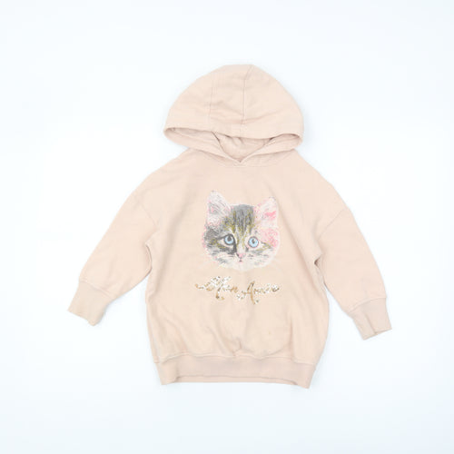 Next Girls Beige Cat Hoodie, 5 Years, Graphic Print Pullover
