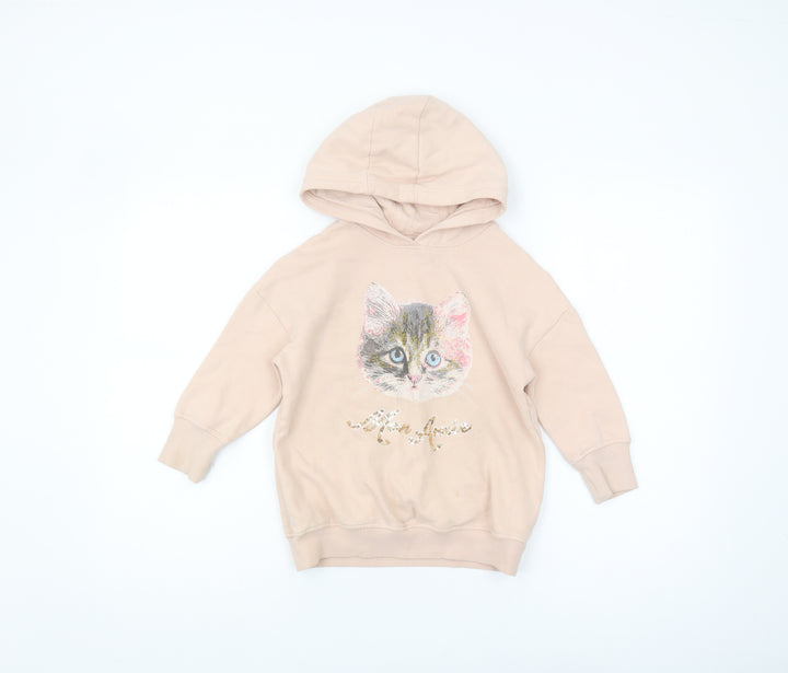 Next Girls Beige Cat Hoodie, 5 Years, Graphic Print Pullover